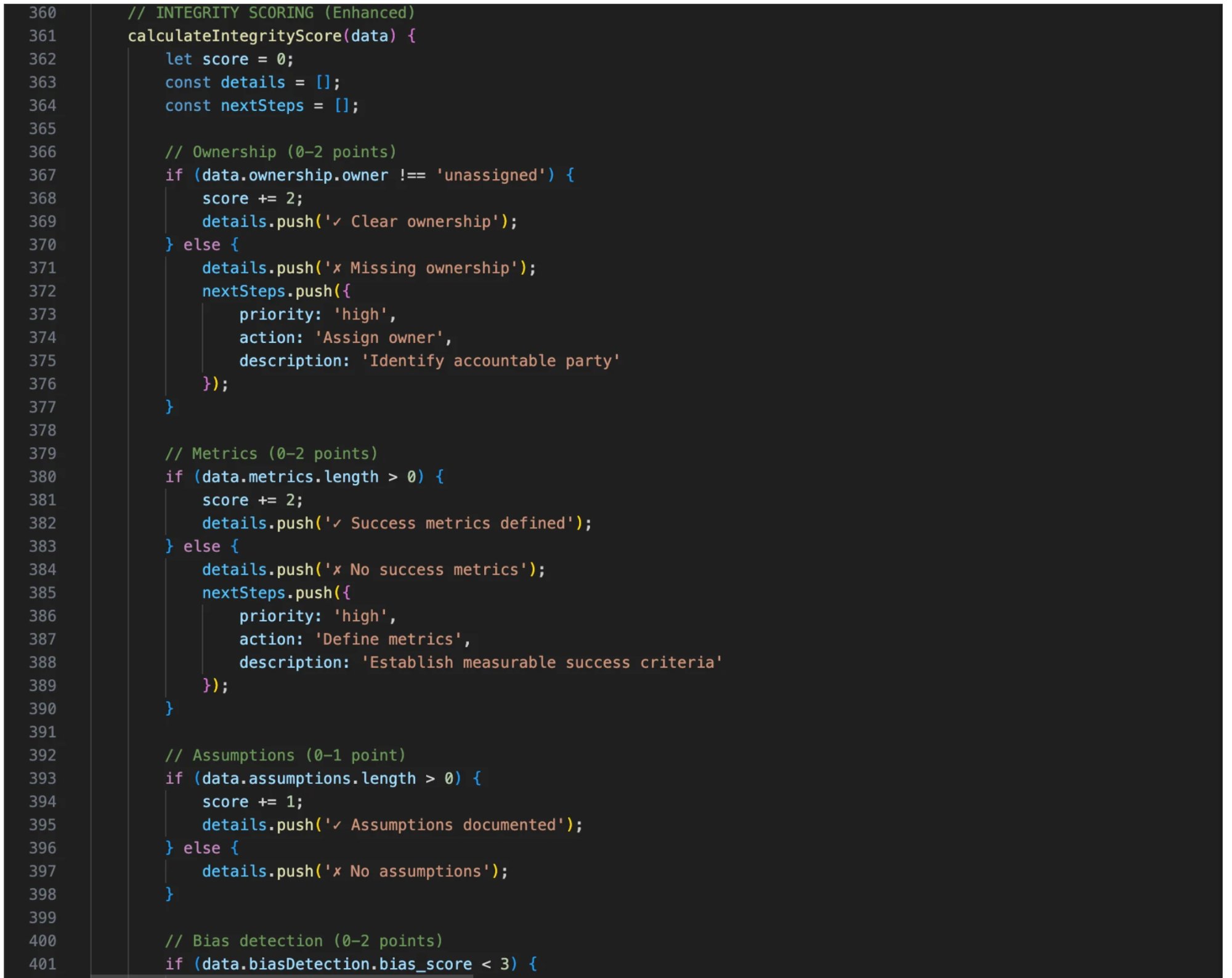 Integrity scoring code